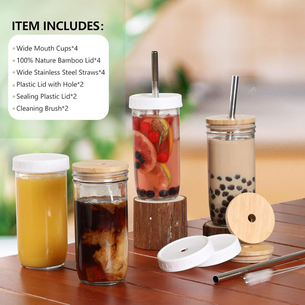 [ 4 Pack ] Glass Cups Set - 24oz Mason Jar Drinking Glasses w Bamboo Lids & Straws 2 Airtight Cute Reusable Boba Bottle, Iced Coffee Glasses, Travel Tumbler for Bubble Tea, smoothie, Juice