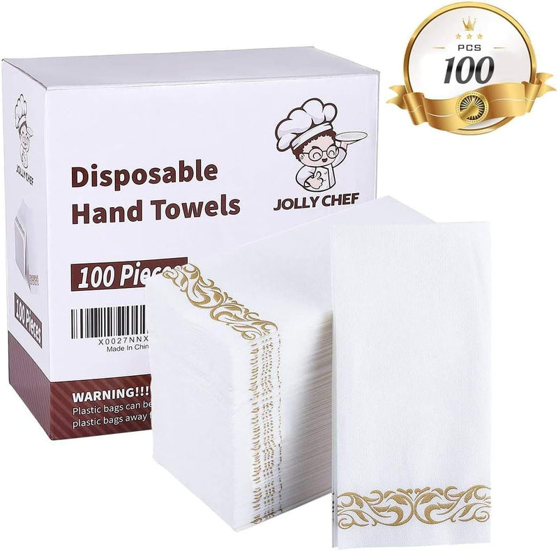 JOLLY CHEF 100 Disposable Hand Towels, Soft and Absorbent Linen Feel Dinner Napkin, Elegant Decorative Paper Guest Towels for Kitchen, Bathroom,Weddings,Parties, Gold and White