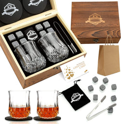 Whiskey Stones Gift Set - Whiskey Glass Set of 2 - Granite Chilling Whiskey Rocks - Scotch Bourbon Box Set - Best Drinking Gifts for Men Dad Husband Birthday Party Holiday Present