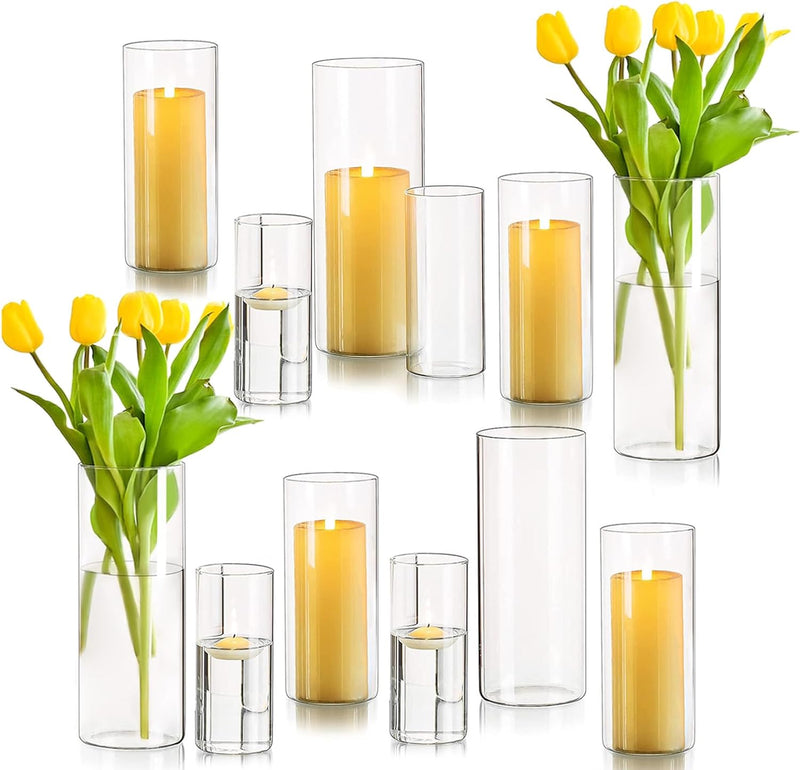 Glass Hurricane Candle Holder Set of 6 Glass Cylinder Vases for Centerpieces, Glass Candle Holders for Pillar Candles, Floating Candles, Clear Glass Vases for Flowers for Wedding Party Festival Decor