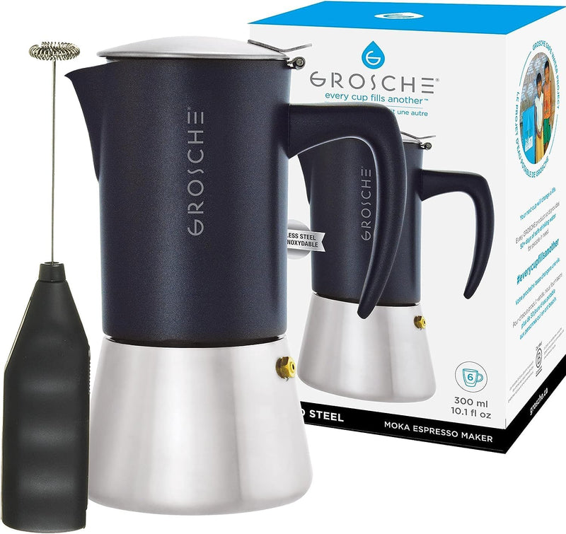 GROSCHE Milano Steel | 10 Espresso Cup | Stovetop Espresso Maker: Stainless Steel Moka Pot for Greca, Induction, Electric & Gas Stoves | Dishwasher Safe Stovetop Espresso Maker Moka Pot