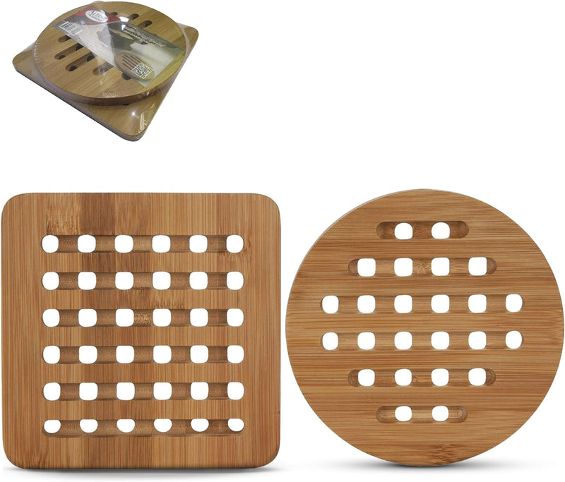 Alpine Cuisine Bamboo Trivet 2pc Set Round & Square 15cm - Hot Plate Trivet for Kitchen, Heat-Resistant Trivet Mats for Home Kitchen, Coffee Table, Living Room, Bar, Hot Dishes, Pot, Bowl, & Teapot