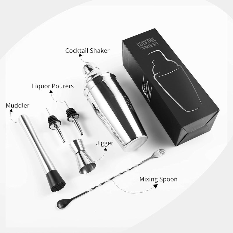 Cocktail Shaker Set, 6-Piece Bartender Kit Premium Shakers Bartending: Martini Shaker Measuring Jigger Mixing Spoon Muddler 2 Pourers Bar Tools Set with Built-in Bartender Strainer for Drink Shaker