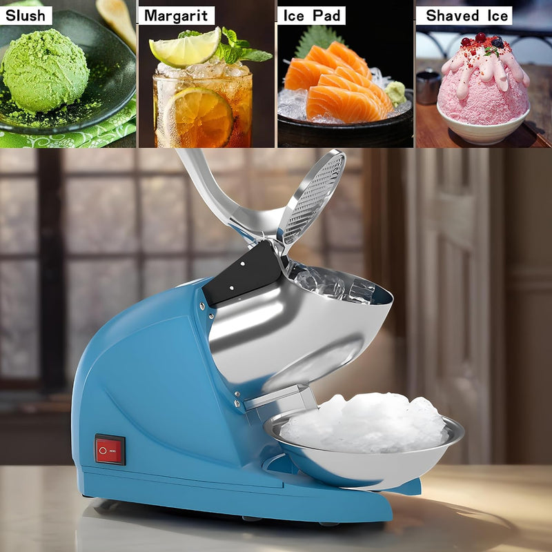 Electric Ice Crushers Machine Shaved Ice Machine Ice Snow Cone Maker  Professional Double Blades Stainless Steel Ice Shaver Machine for Home Commercial Use (Blue)