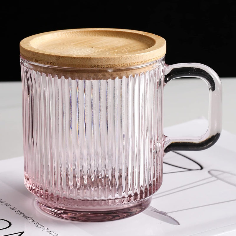 Leadiy Pink Glass Coffee Mug with Lid, Clear Glass Coffee Cups, Classical Vertical Stripes Coffee Mugs for Latte Juice Tea 12.5 Ounces