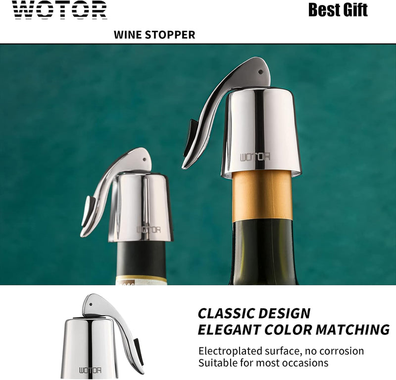 WOTOR Wine Stoppers Stainless Steel Wine Bottle stopper Plug with Silicone, Reusable Wine Saver, Wine Corks, Decorative Wine Bottle Sealer Leak proof Keep Fresh Silver 2 pack