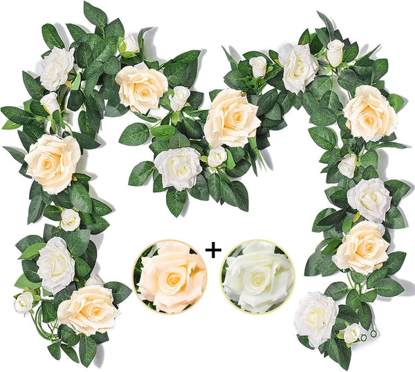 Artificial Flower Vines - 2Pack 1312FT Eucalyptus Garland - Fake Rose Vines for Wedding and Home Decor - Champagne and White
