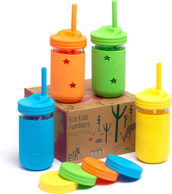 Elk and Friends Smoothie Cups For Kids & Toddler | The Original Glass Mason Jars 12 oz with Silicone Sleeves & Straws |Spill Proof|