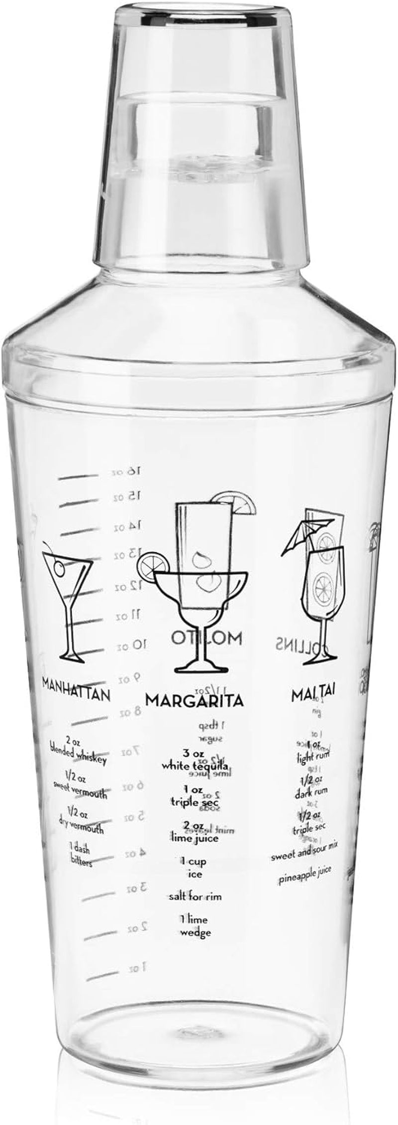 True Maraca Cocktail Recipe Shaker with Cap and Built In Strainer, 7 Drink Recipes with Measurements, Home Bar Accessories, Drink Mixer Handheld Bar Set, 16 oz.