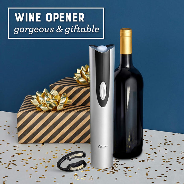 Oster Electric Wine Opener and Foil Cutter Kit with CorkScrew and Charging Base, Silver | Gifts for Wine Lovers