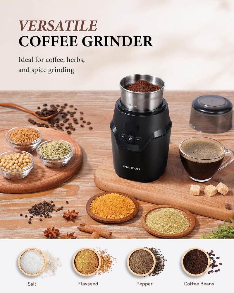 SHARDOR Adjustable Coffee Grinder Electric, Super Silent Electric Coffee Bean Grinder with Time-Memory Adjustment and Multi-Functional Stainless Steel Cup for Spices, Herbs, and Nuts Grinding, Black