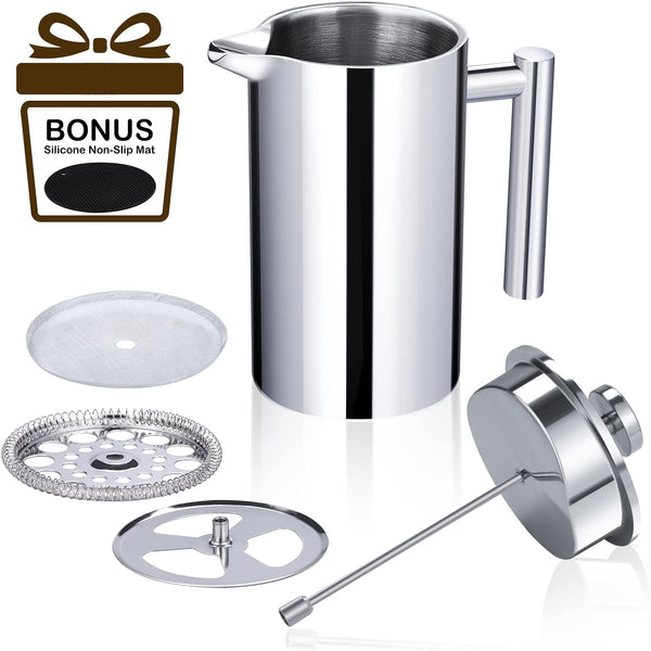 BAZZEFF French Press Coffee Maker 34oz with Double Wall 304 Stainless Steel Insulated Coffee Press in Silver Color with 3 Layers Filtration System and Rust-Free for Home and Camping Travel