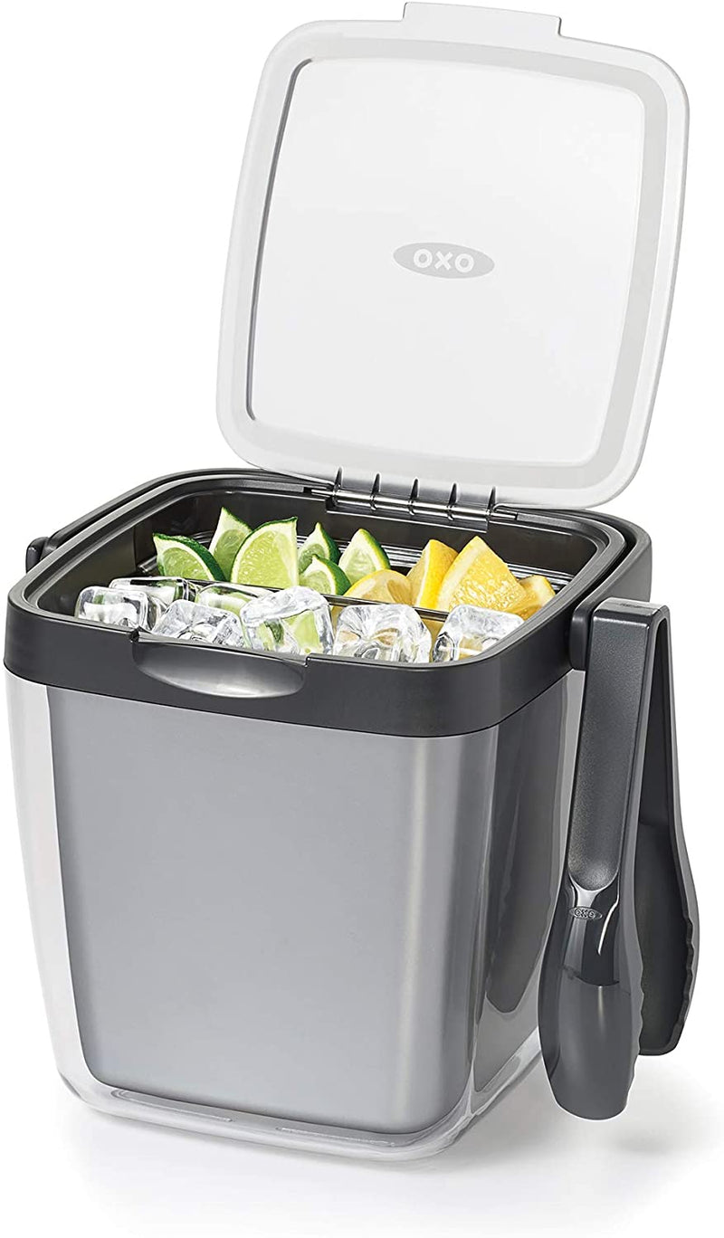 OXO Good Grips Double Wall Ice Bucket with Tongs and Garnish Tray,Gray, 7.37"L x 8.5"W x 7.5"H