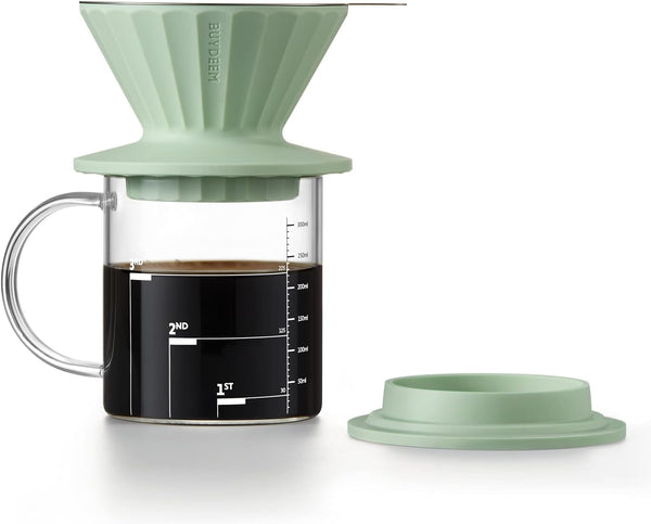 BUYDEEM Pour Over Coffee Maker, CD1024B, BPA Free Food Grade Silicone Coffee Dripper Set, Reusable Stainless Steel Coffee Filter for Single Cup, Perfect for Home, Travel, Outdoor 12 oz, Cozy Greenish