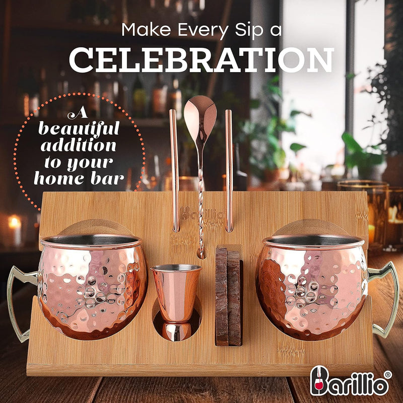 barillio Moscow Mule Mug Set of 2 With Bamboo Stand | Large Size 18 oz copper Cups | Stainless Steel Lining & Pure Copper Plating