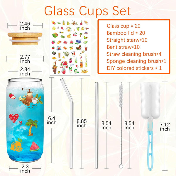 PeacePeo Glass Cups with Lids and Straws 20Pcs 16oz Ice Coffee Cup Can Beer Cups Glass Set Drinking Glasses with Bamboo Lids Reusable Glass Cups Ideal for Smoothies & Beverages