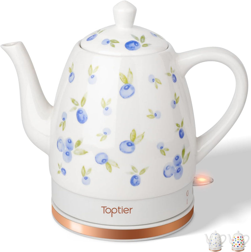 Toptier Electric Ceramic Tea Kettle, Boil Water Quickly and Easily, Detachable Swivel Base & Boil Dry Protection, Carefree Auto Shut Off, 1 L, White Leaf