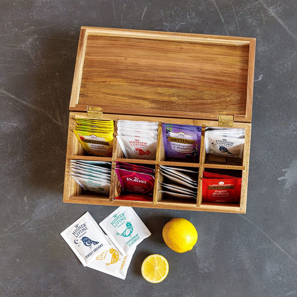 Merazi Living Sustainable Acacia Wood Tea Box - An Ideal Tea Box Organizer, Tea Storage Box, Gorgeous Wooden Tea Box and Tea Bag Organizer