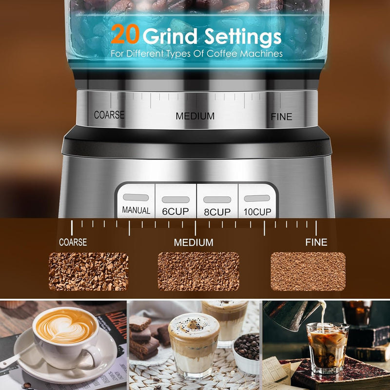 Skyehomo Electric Burr Coffee Grinder, Adjustable Burr Mill Coffee Bean Grinder with 20 Grind Settings 10Cup for Espresso, Drip, French Press, Pour Over, Cold Brew