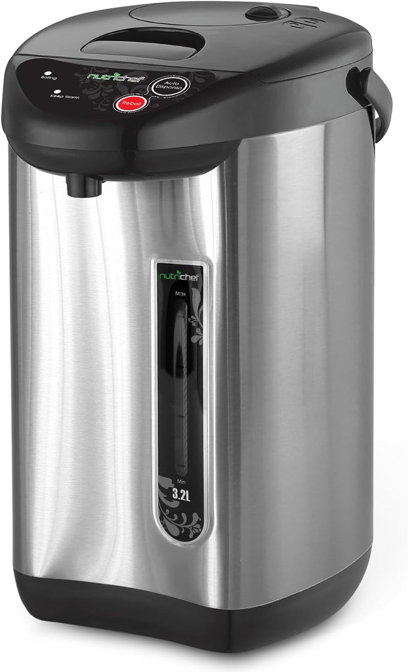 NutriChef Hot Water Urn Pot Insulated Stainless Steel,Auto & Manual Dispense,Auto Boiler,Safety Lock Shutoff 3.38 QT /3.2L - Auto Boiler Shut Off - PKWK43