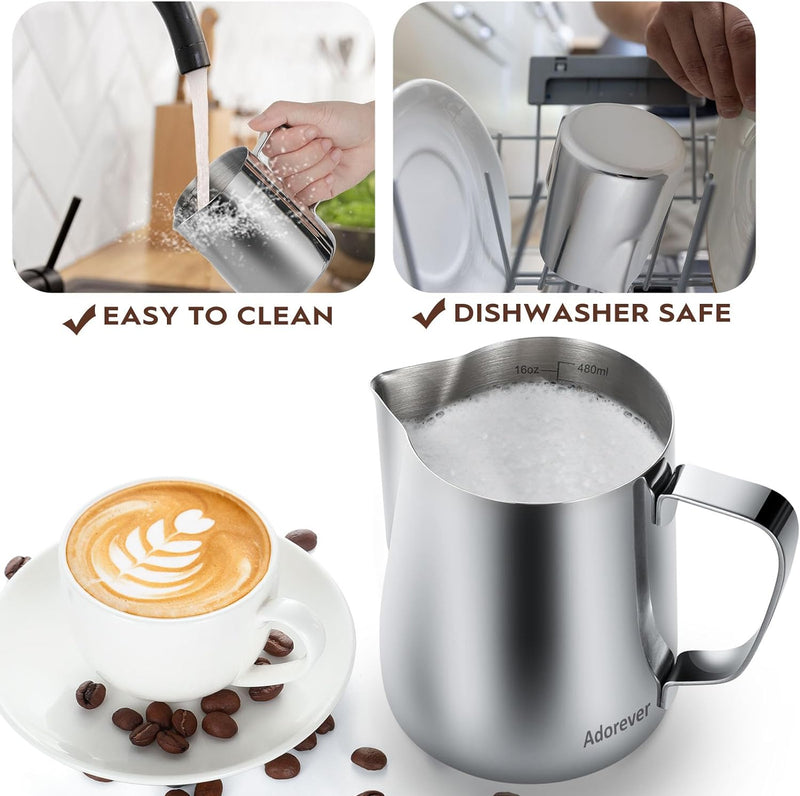 Milk Frothing Pitcher, 16oz 480ml Milk Frother Cup Stainless Steel Steaming Pitcher, Coffee Bar Cappuccino Espresso Machine Accessories Barista Tools, Metal Steamer Cup Mug Milk Jug with Latte Art Pen