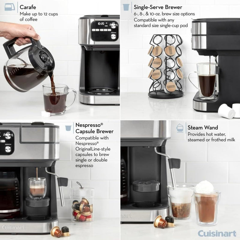 Cuisinart Coffee Maker Barista System, Coffee Center 4-In-1 Coffee Machine, Single-Serve Coffee, Espresso & Nespresso Capsule Compatible, 12-Cup Carafe, Black, SS-4N1