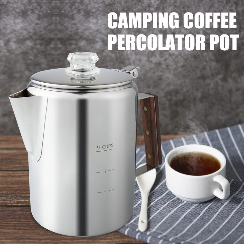 APOXCON Coffee Percolator, Camping Coffee Pot 9 Cups Stainless Steel Coffee Maker with Clear Top Glass Knob, Percolator Coffee Pot for Campfire or Stovetop Coffee Making Outdoor Traveling Fast Brew