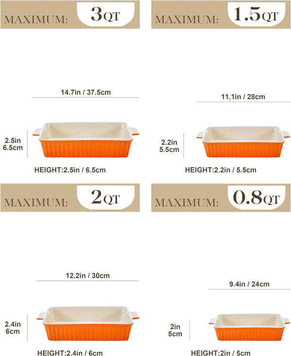 MALACASA Bakeware Set of 4, Porcelain Baking Pans Set for Oven, Casserole Dish, Ceramic Rectangular Baking Dish Lasagna Pans for Cooking Cake Kitchen, Orange(9.4"/11.1"/12.2"/14.7"), Series BAKE.BAKE
