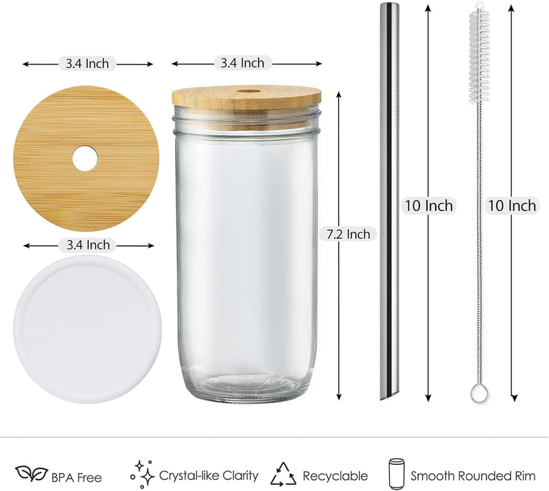 [ 4 Pack ] Glass Cups Set - 24oz Mason Jar Drinking Glasses w Bamboo Lids & Straws 2 Airtight Cute Reusable Boba Bottle, Iced Coffee Glasses, Travel Tumbler for Bubble Tea, smoothie, Juice