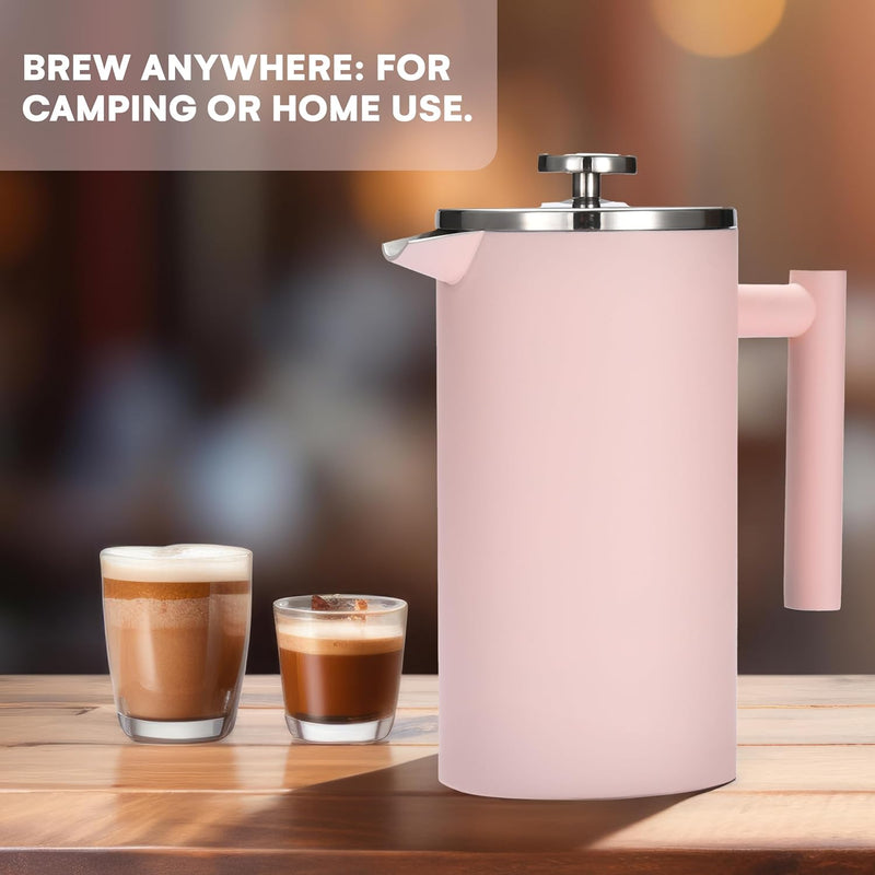 Outlery French Press - Stainless Steel Coffee Maker - Portable Press Coffee - Barista-Quality for Camping and Home Brewing - Durable and Convenient Design - Ideal for Hot and Flavorful Coffee (Pink)