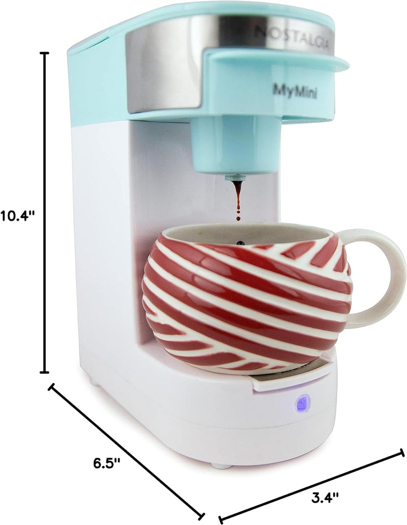 Nostalgia MyMini Single Coffee Maker, Brews K-Cup & Other Pods, Serves up to 14 Ounces, Tea, Chocolate, Hot Cider, Lattes, Reusable Filter Basket Included, Aqua