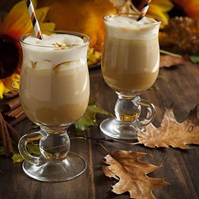 Biandeco Irish Coffee Glasses, Footed with Handles Latte Mugs, Large Hot Toddy Glass Cup Set for Coffee, Cappuccino, Ice Cream, Hot Chocolate, Hot Beverages, Set of 2, 9 oz