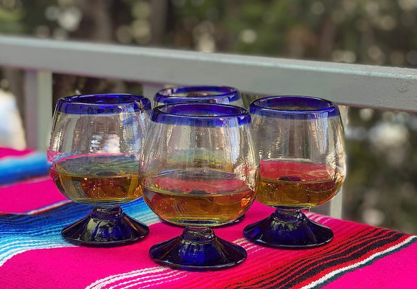 Mexican Hand Blown Glass – Set of 4 Hand Blown Cognac Snifter Glasses - Cobalt Blue Rim