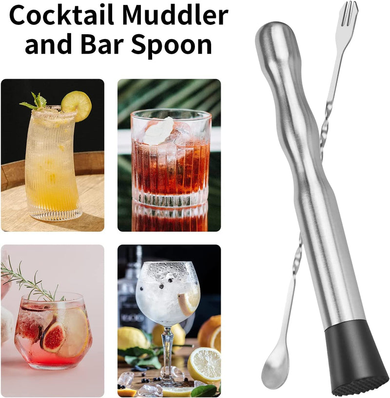 Muddler and bar Spoon，9 Inch Stainless Steel Muddler for Cocktails, 10 inch Long Drink Stirrer Bartender Spoon Excellent Choice for Mojitos, Caipirinhas, Fruits, Herbs, Spices Based Drinks