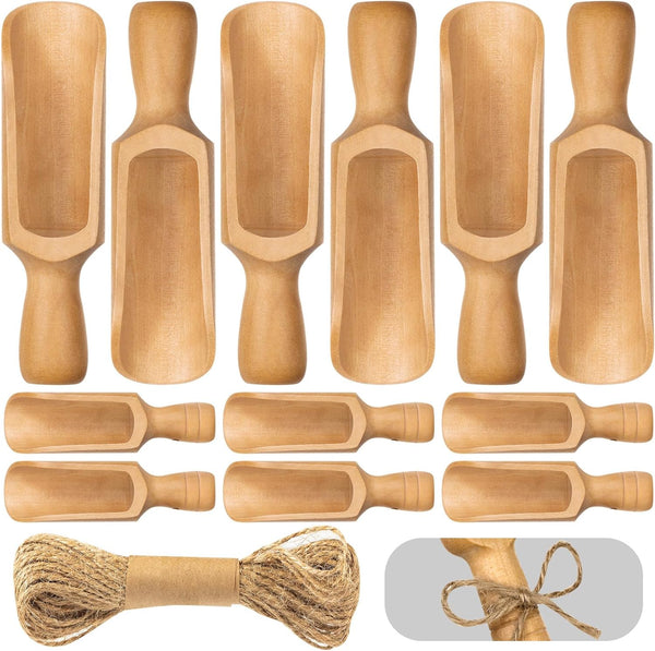 6 Pcs Bath Salt Scoop, Wooden Scoops for Canisters with Decorative Hemp Rope, 3 Big 3 Smalll Bath Salt Scoop Natural Beech Wood Scoop, Wooden Scoop for Flour, Bath Salt, Sugar, Cereal, Coffee and More