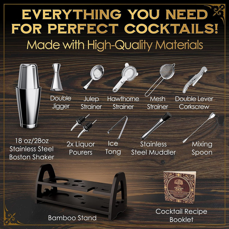 Aberdeen Oak Mixology Bartender Kit - Extra Thick Stainless Steel Cocktail Shaker Set for Mixing - Includes XL Boston Shaker & Premium Bamboo Stand - Professional Bar Tools for The Home Mixologist