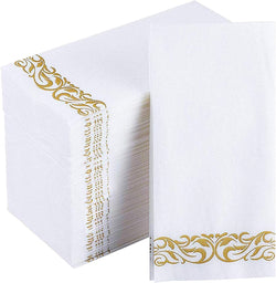 JOLLY CHEF 100 Disposable Hand Towels, Soft and Absorbent Linen Feel Dinner Napkin, Elegant Decorative Paper Guest Towels for Kitchen, Bathroom,Weddings,Parties, Gold and White