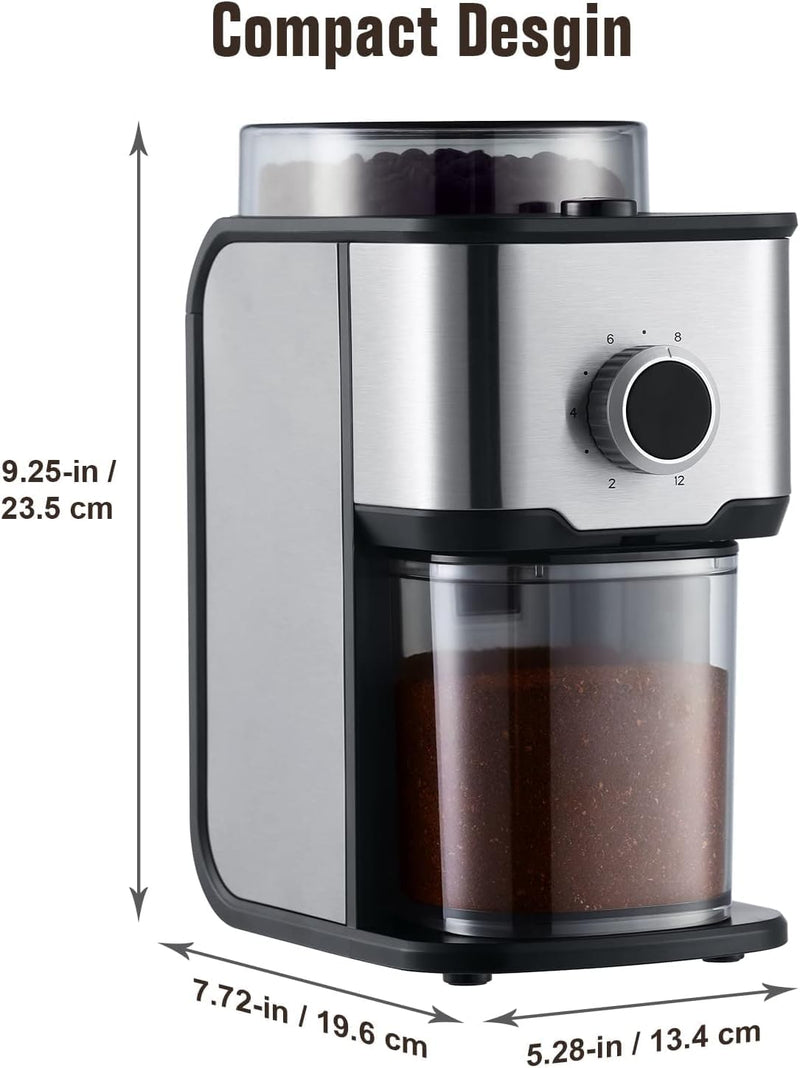 Ollygrin Flat Burr Coffee Grinder Electric, Coffee Bean Grinder Electric Espresso, Stainless Steel Coffee Bean Grinder With 14 Grind Settings 12 Cups SilverV01S