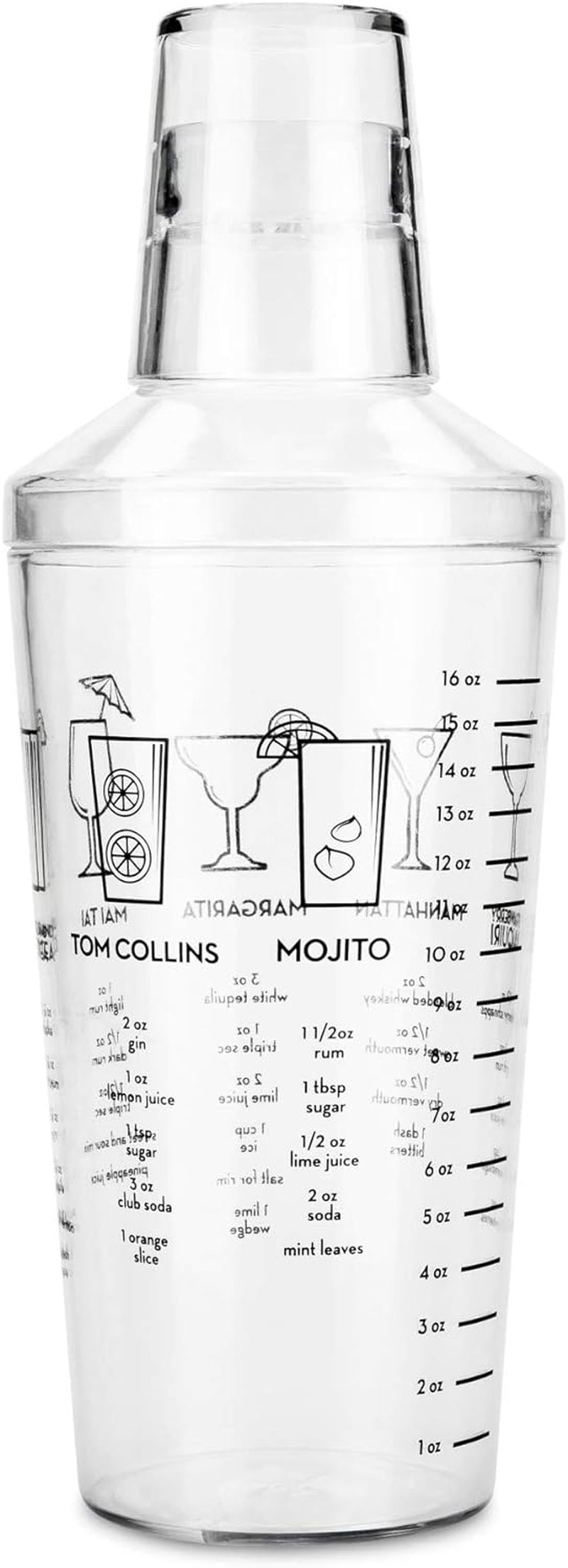 True Maraca Cocktail Recipe Shaker with Cap and Built In Strainer, 7 Drink Recipes with Measurements, Home Bar Accessories, Drink Mixer Handheld Bar Set, 16 oz.