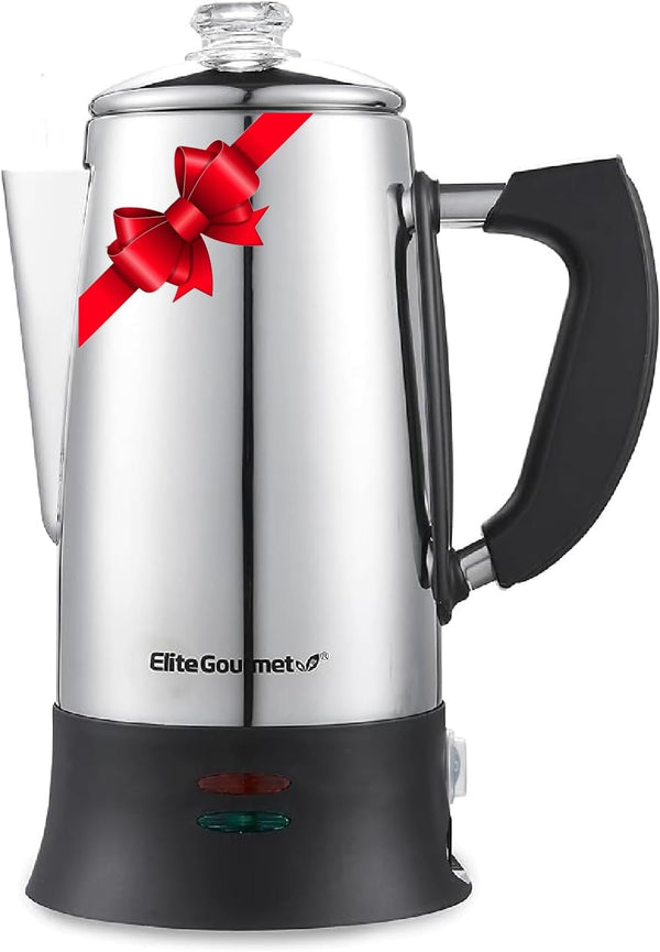 Elite Gourmet EC922 Electric Coffee Percolator, Keep Warm, Glass Clear Brew Progress Knob, Cool-Touch Handle, Cordless Serve, 12-Cup, Stainless Steel