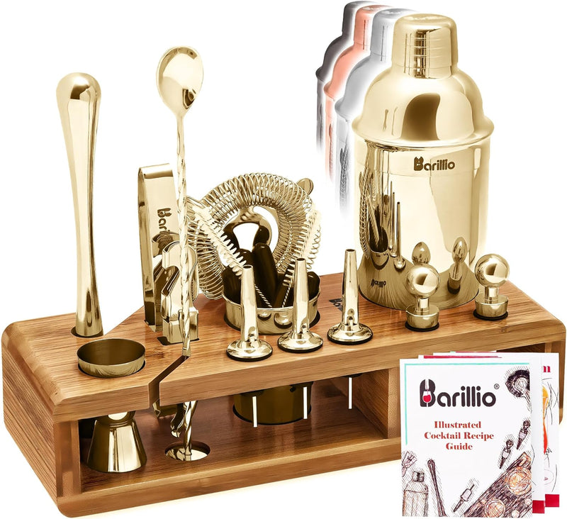 23-Piece Bartender Kit Cocktail Shaker Set by BARILLIO: Stainless Steel Bar Tools with Sleek Bamboo Stand, Velvet Carry Bag & Recipes Booklet… (Silver, Bamboo)