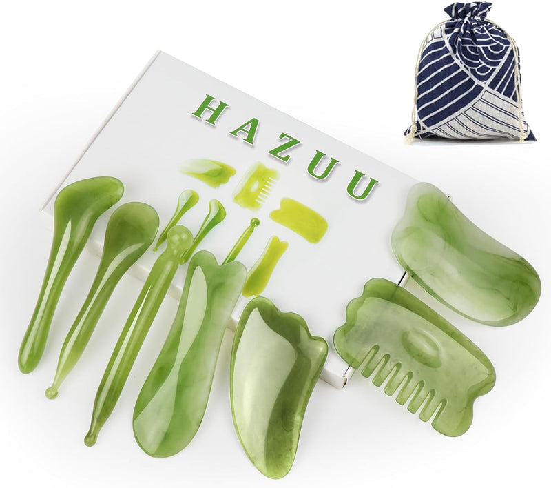 HAZUU 7 Pieces Gua Sha Scraping Massage Tool,Natural Resin GuaSha Tool Massage Tools Set for Face Back and Neck Release,Reduce Muscle Pain,with Storage Bag (Style-D)