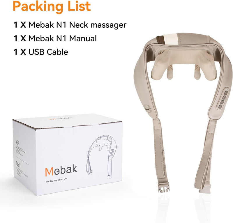 Mebak N1 Neck Massager with Heat, Shiatsu Neck and Shoulder Massager for Pain Relief Deep Tissue, Portable Kneading Massage Pillow