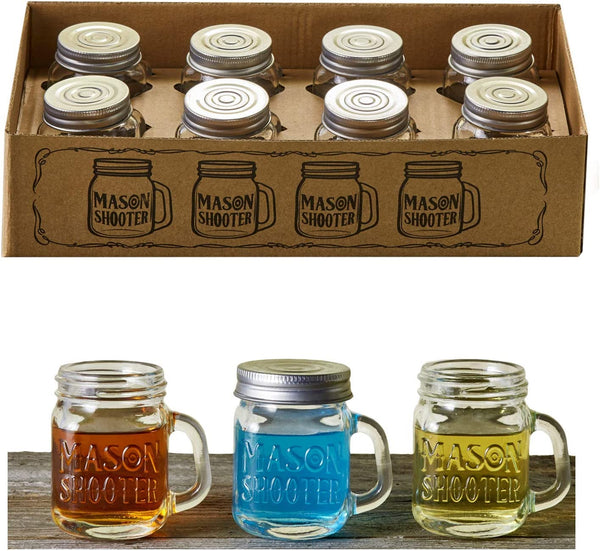 Hayley Cherie® - Mason Jar Shot Glasses with Leak Proof Lids (Set of 8) - Mini Mason Shooter Glass with Handles - 2 Ounces - For Drinks, Favors, Desserts, Parties, Gifts