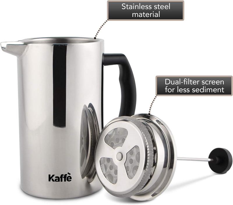 Kaffe Large French Press Coffee Maker & Camping Coffee Pot - Double-Wall Stainless Steel Tea & Coffee Press with Extra Filter - Perfect Travel & Camping Cookware (6 cups / 0.8L)