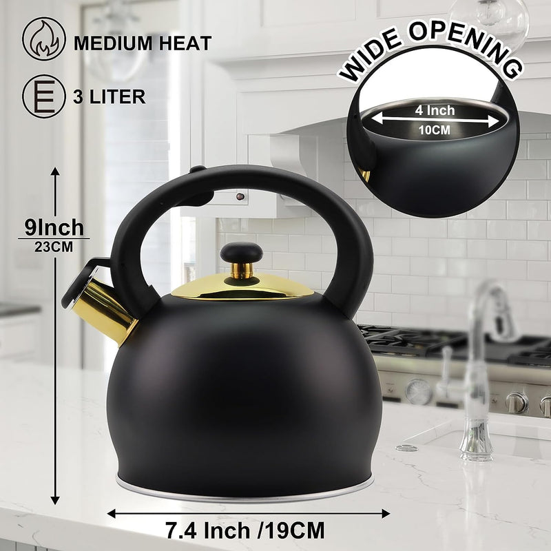 SHANGZHER Tea Kettle Stovetop Stainless Steel Whistle Induction Teakettle Fixed Cool Handle 3.2 Quart / 3 Liter Black