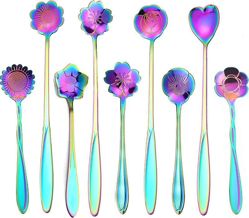 9 Pcs Flower Spoon Coffee Teaspoon Set, ESRISE Stainless Steel Tea Spoon essert Spoon, Cute Demitasse Scoop for Stirring Drink Mixing Milkshake Jam (Silver)