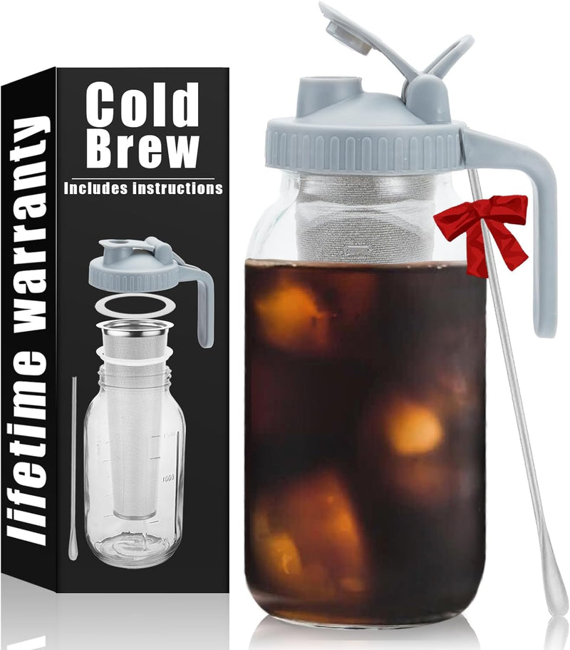 Cold Brew Mason Coffee Maker - 64oz Iced Coffee Pitcher with Stainless Steel Mixing Spoon & Super Dense Filter 3 Steps Finish Cold Brew Coffee, Classic BPA Free Sturdy Mason jar Pitcher with Black Lid Easy to Clean