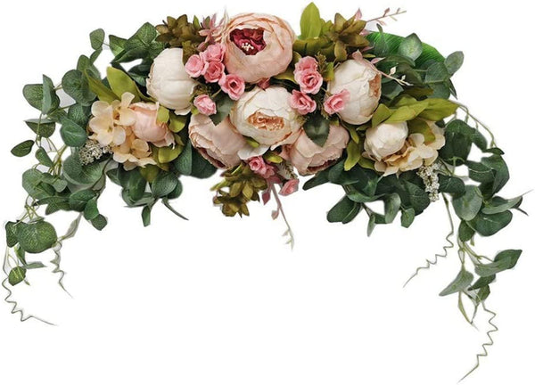 Wedding Arch Flowers, 30 Inch Rustic Artificial Floral Swag for Lintel, Green Leaves Rose Peony Sunflowers Door Wreath Home Decoration