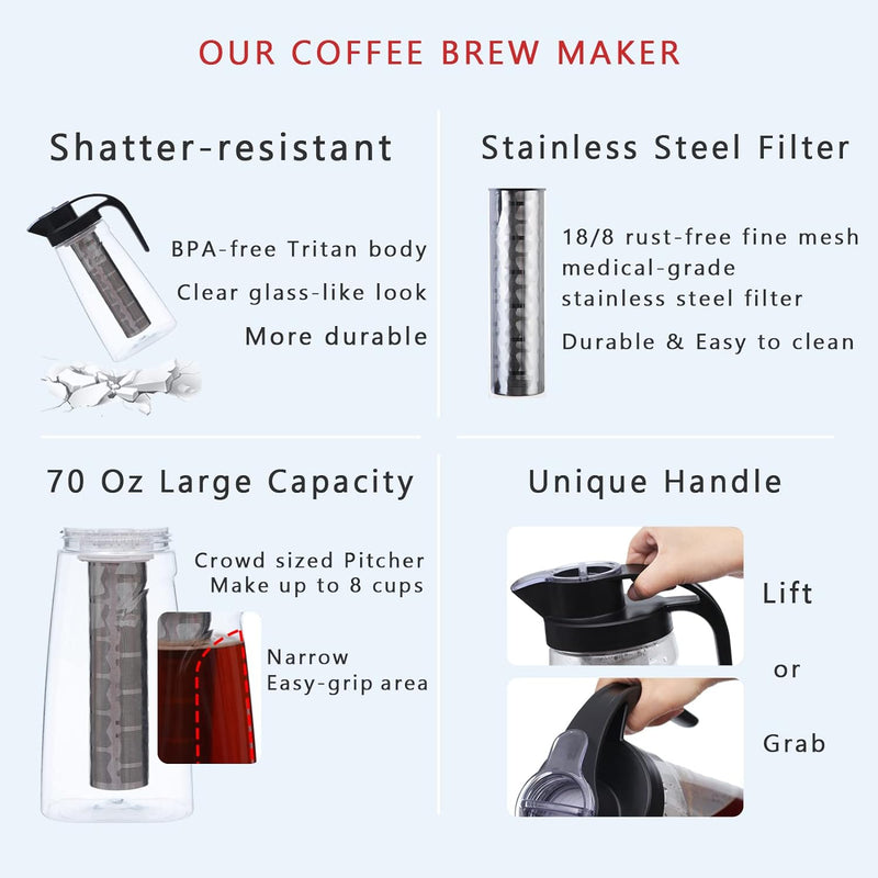 70oz/2L Cold Brew Coffee Maker with Stainless Steel Fine-mesh Filter, Leak-proof Tritan Plastic Tea Pitcher, BPA-FREE Iced Coffee/Tea Maker, 8 Cups Capacity